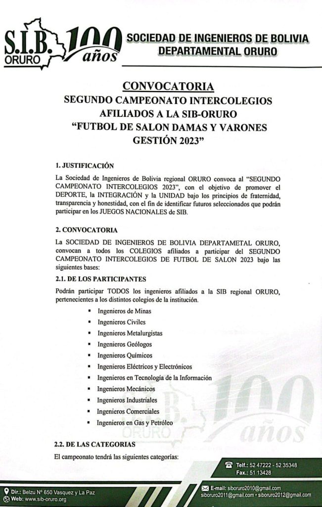 Convocatoria Campeonato Intercolegios SIB – Oruro