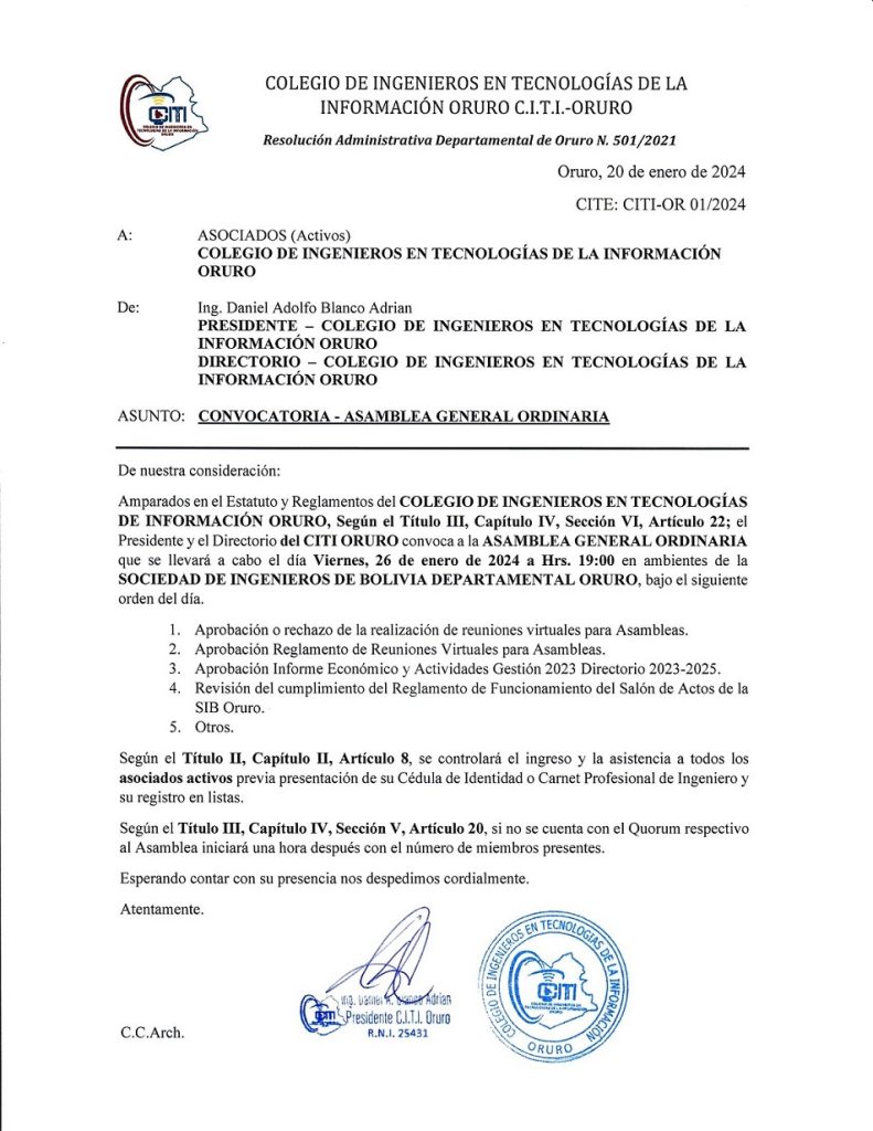 Asamblea General Ordinaria – 26 de enero 2024